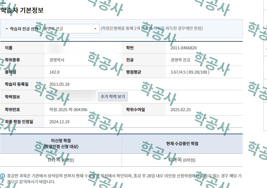 학점은행제 경영학 전공 학습자 정보 (경영학사 · 평점 3.67/4.5)