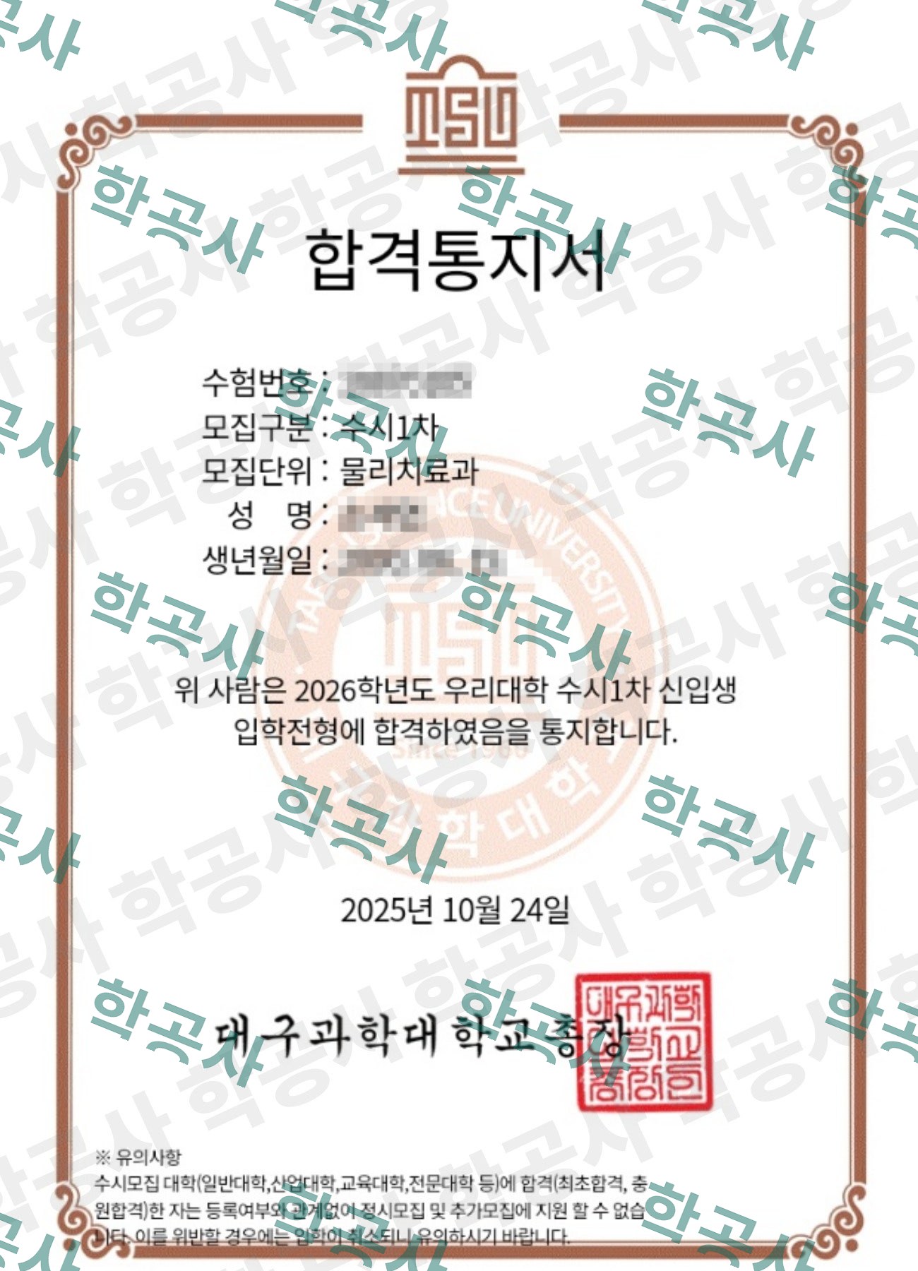 대구 소재 대학교 물리치료과 수시 신입생 합격통지서