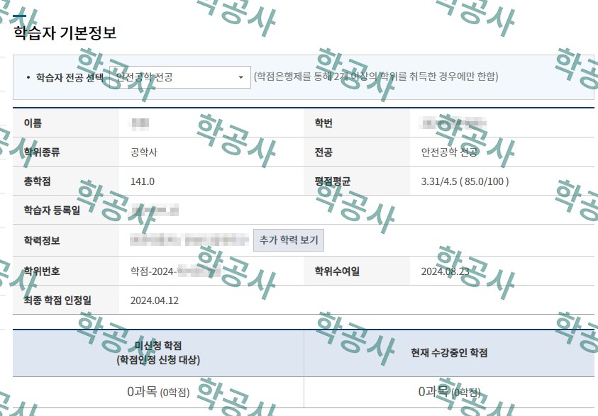학점은행제 안전공학 전공 학습자 정보 (공학사 · 총학점 141)