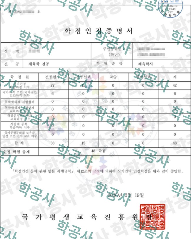 학점은행제 체육학 전공 학점인정증명서 (체육학사 · 48학점)